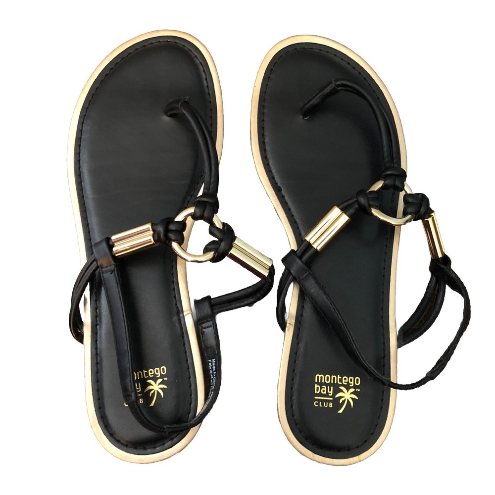 Montego Bay Club Black Gold Ring Womens Sandals Size US 8 Flat Shoes Beach Basic